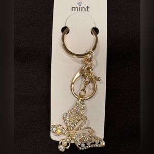 BAG CHARM Mint Gold Filigree Butterfly with Iridescent Crystal Accents Keychain